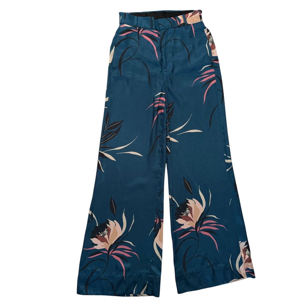 Zara Woman Teal Floral Wide Leg Palazzo Pants S High Rise Flowy - Picture 2 of 11